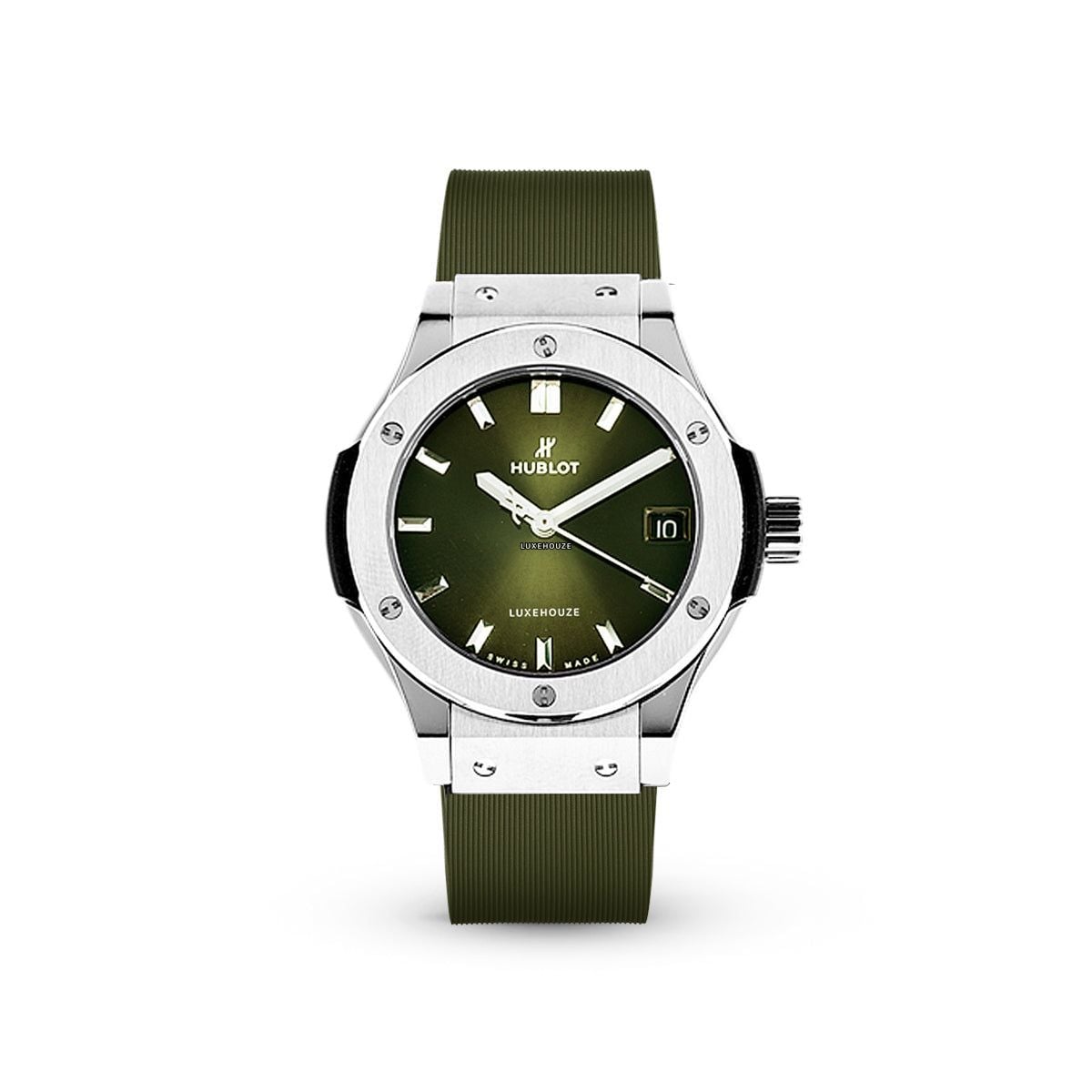 Classic Fusion 42 Titanium 542.NX.8970.RX Green Dial, Rubber Strap-Hublot