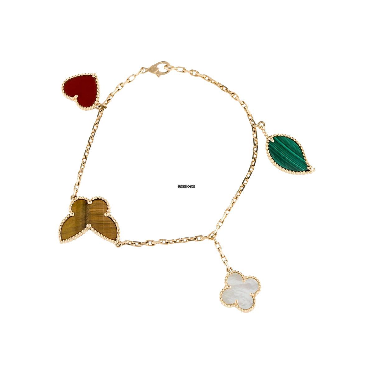 Lucky Alhambra Bracelet 4 motifs 18K Yellow Gold Carnelian Malachite Mother-of-pearl Tiger Eye VCARD79600-Van Cleef & Arpels
