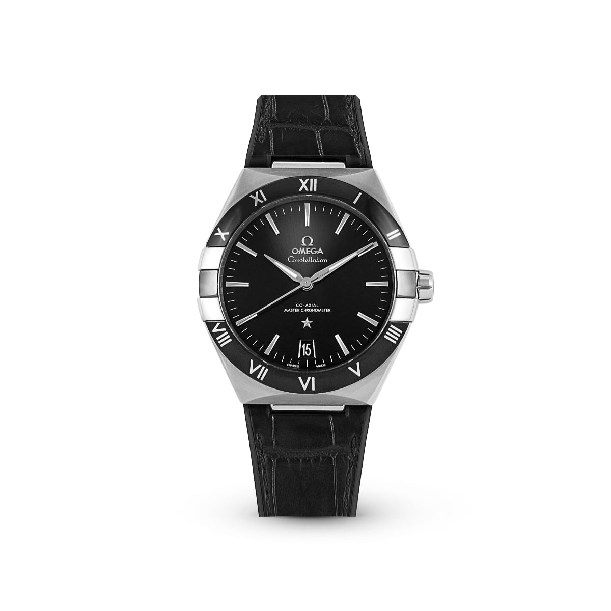 Constellation 41 13133412101001 Black Dial, Leather Strap-Omega