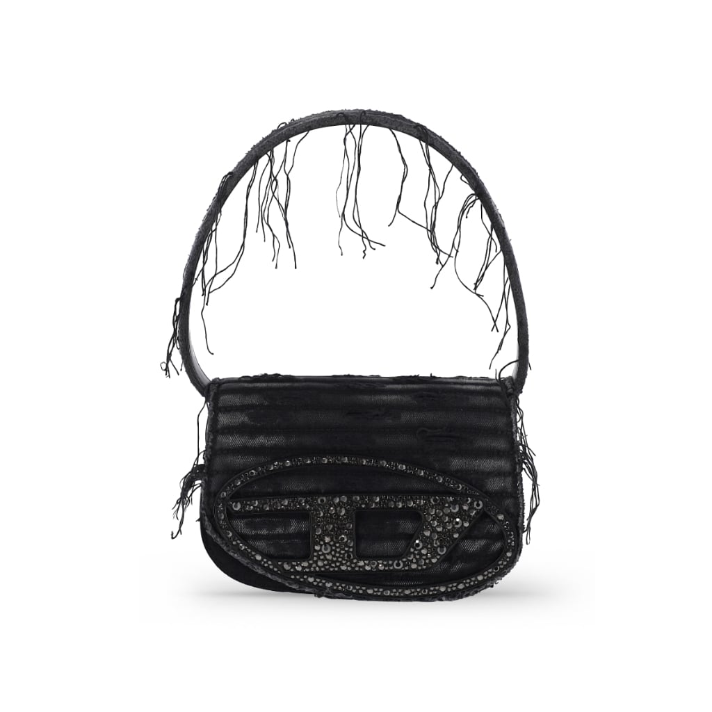 1DR Denim Shoulder Bag Crystal Used Effect Black