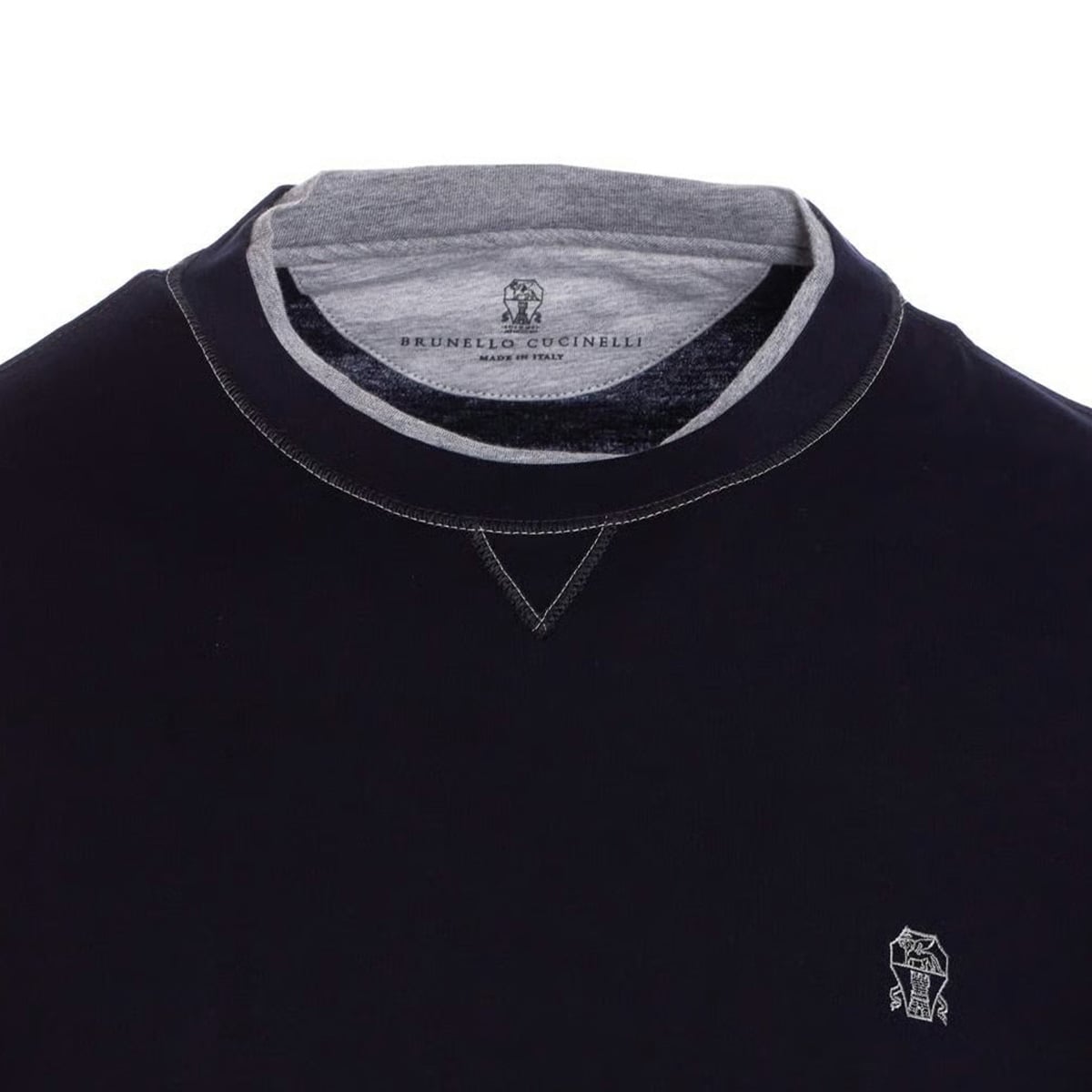 Cotton Jersey Crew Neck T-shirt Logo and Faux-Layering Navy