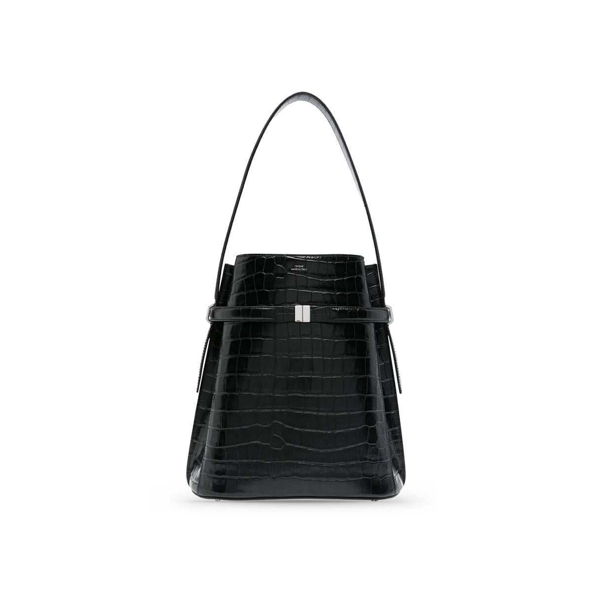 Belted Croco Embossed Bucket Bag Black SHW