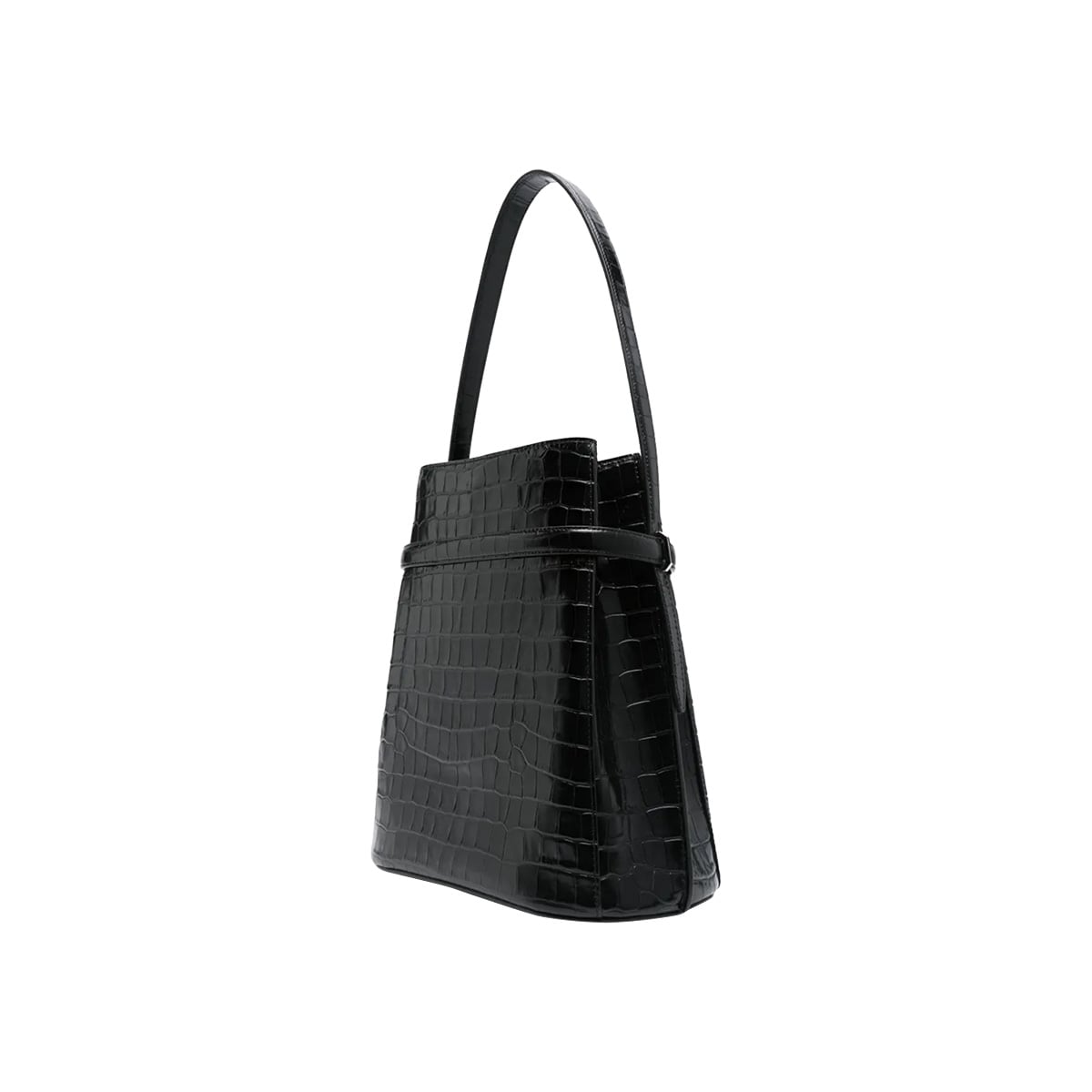 Belted Croco Embossed Bucket Bag Black SHW