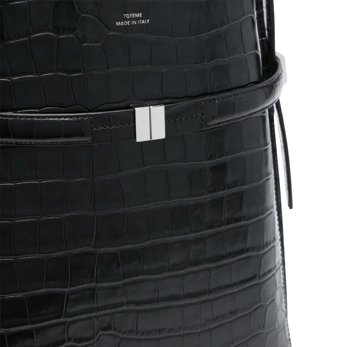 Belted Croco Embossed Bucket Bag Black SHW