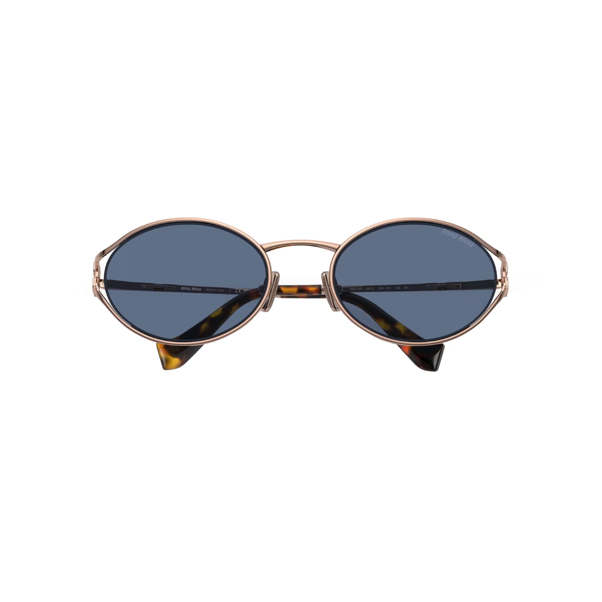 MU 52YS Oval Pink Gold Sunglasses Blue Lens