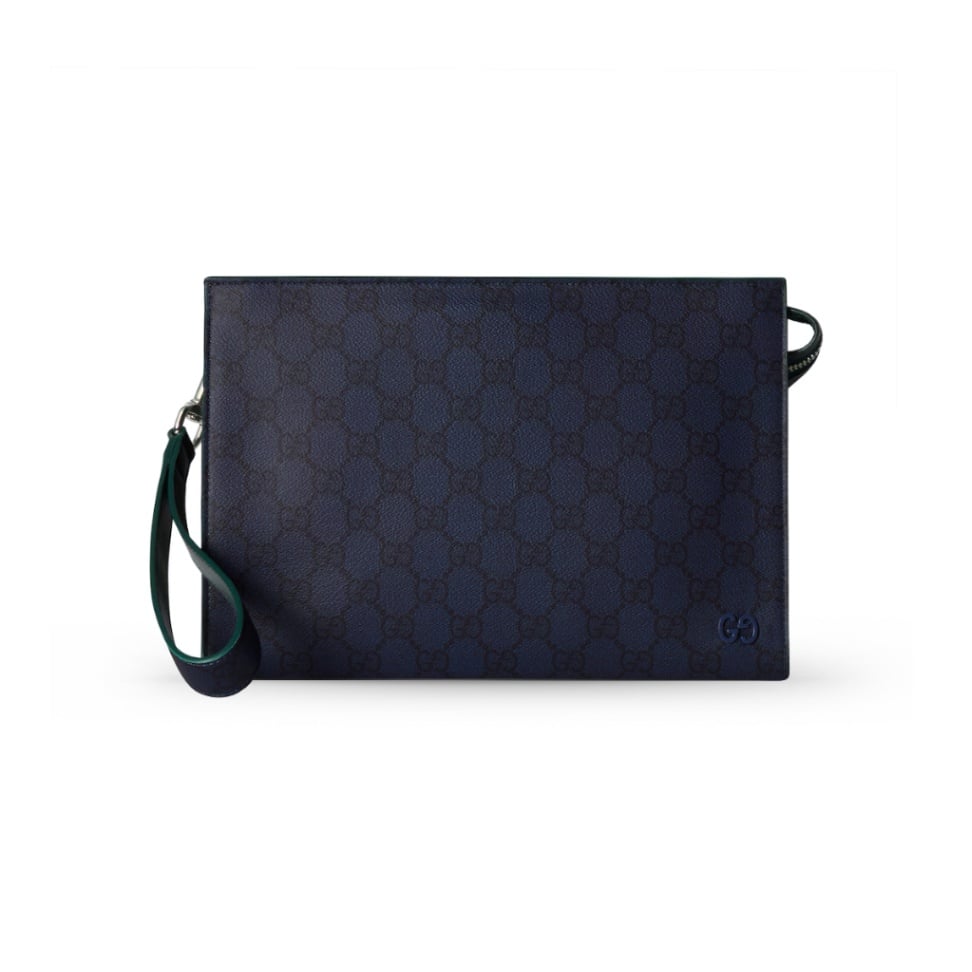 GG Supreme Small Green Trim Pouch Dark Blue PHW