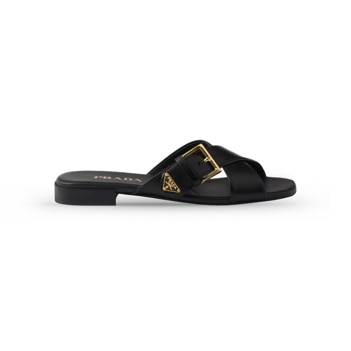 Crisscross Slides with Triangle Logo Buckle Leather Black