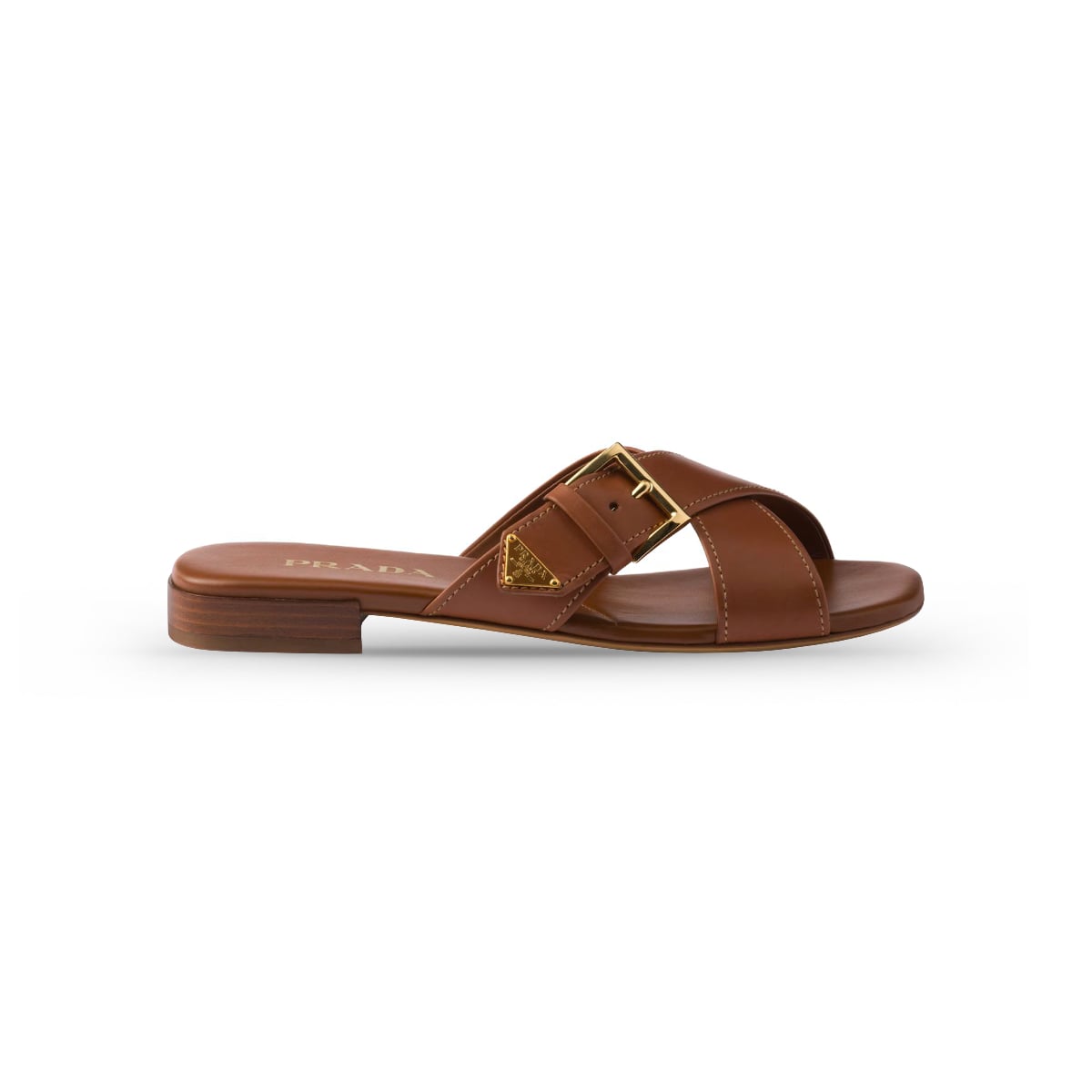 Crisscross Slides with Triangle Logo Buckle Leather Light Tan