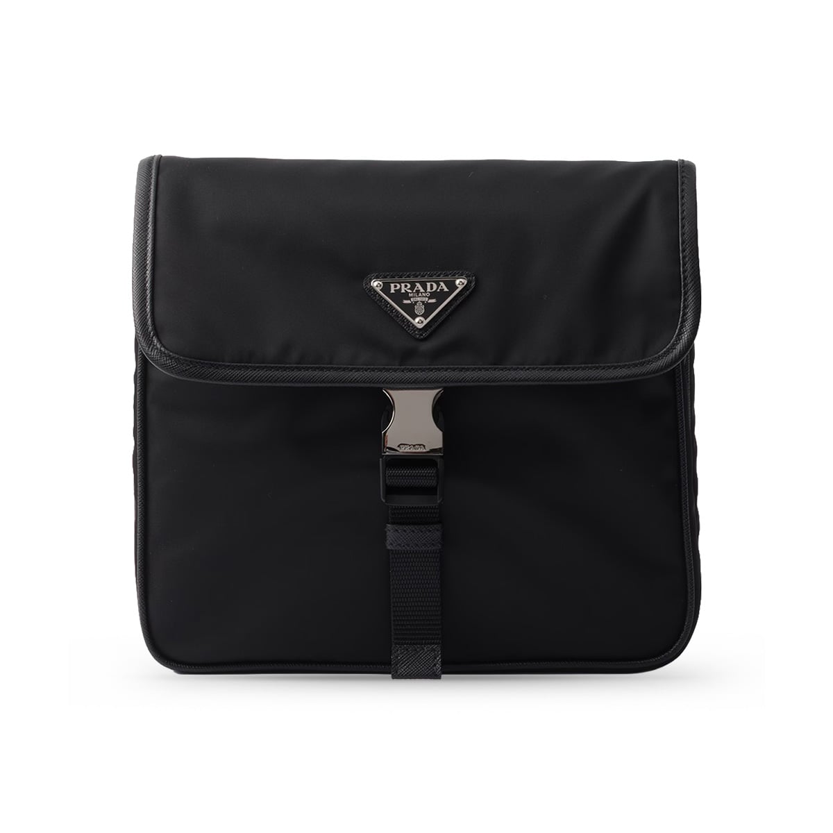 Buckle Flap Re-Nylon and Saffiano Leather Shoulder Bag Black