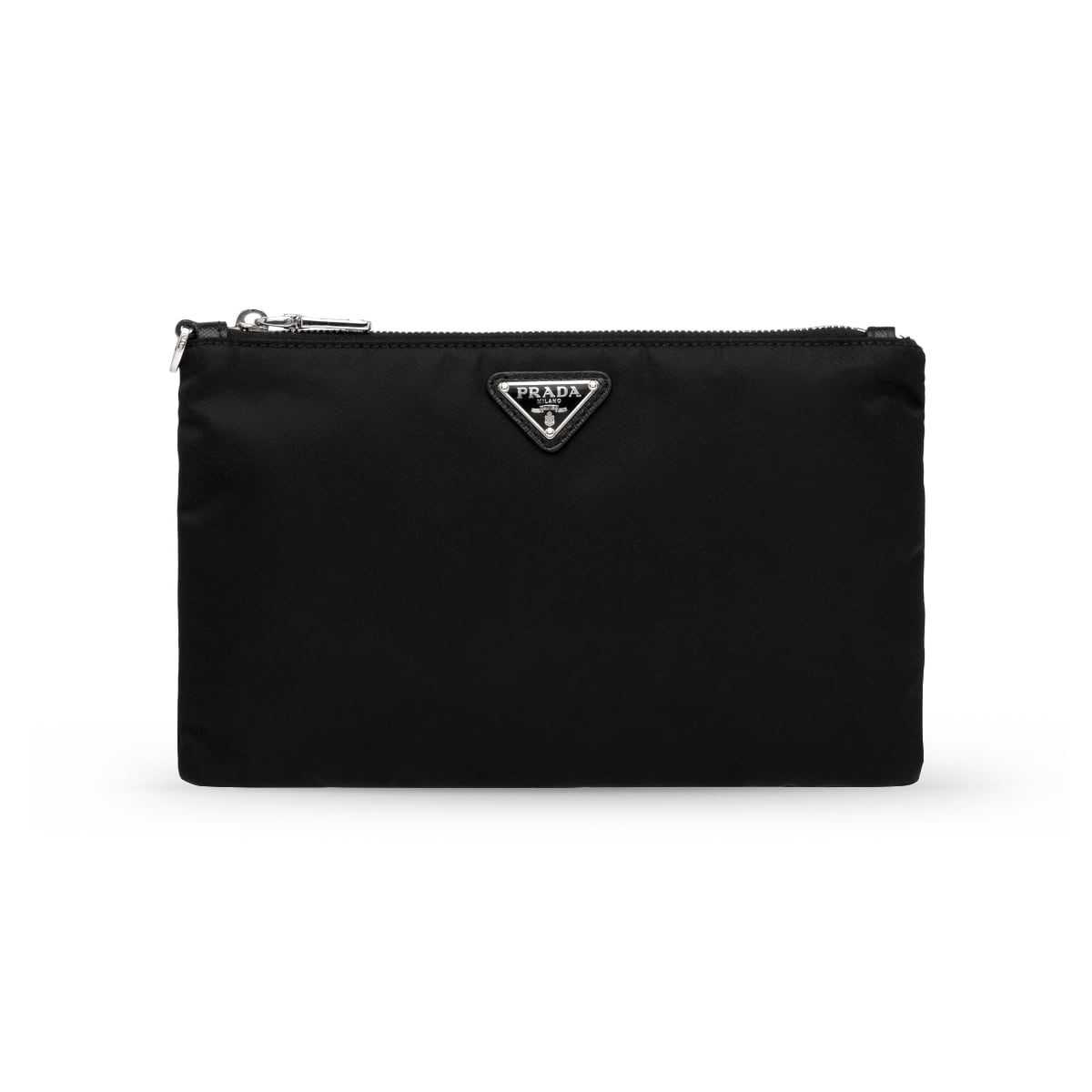 Re-Nylon and Saffiano Zip Leather Wristlet Pouch Black