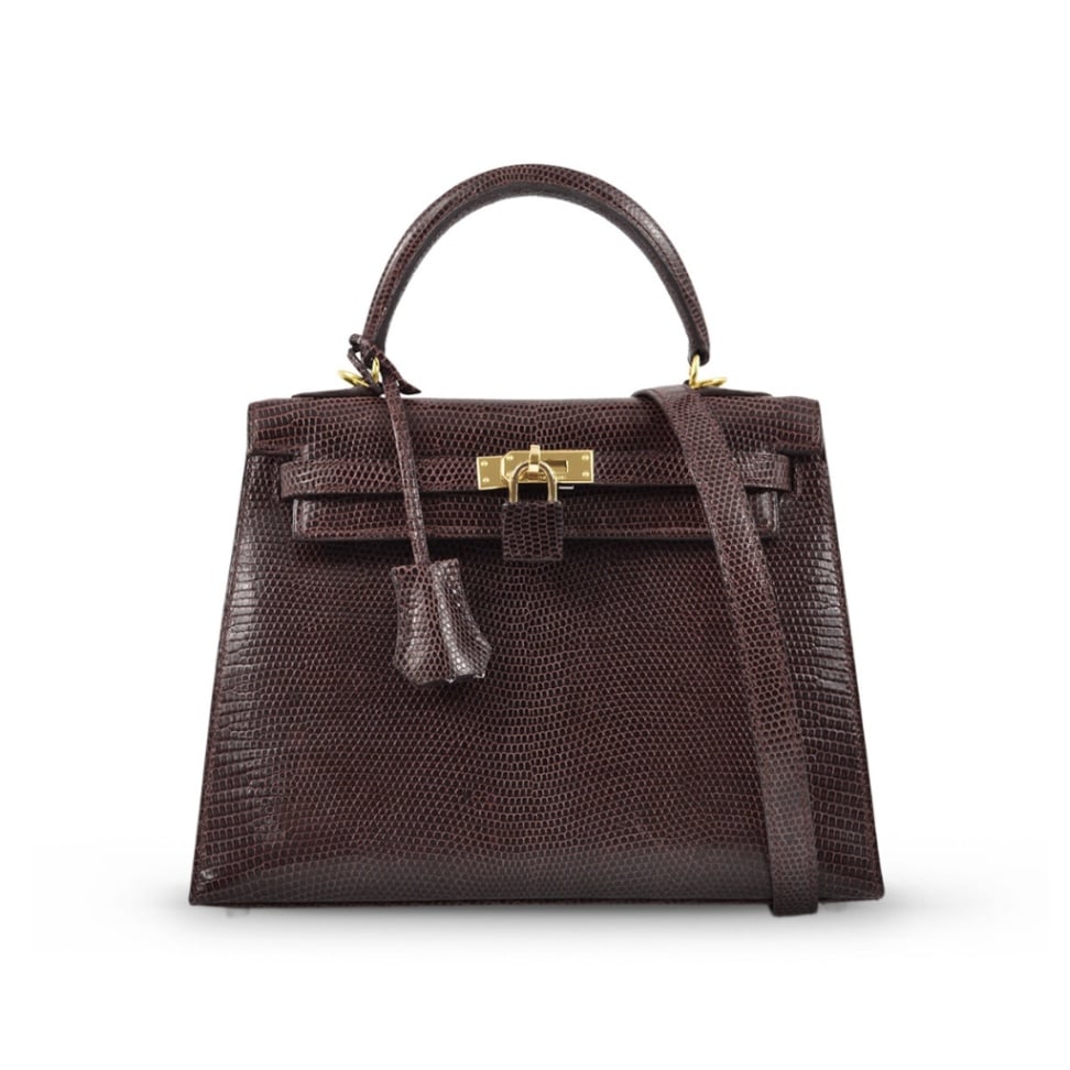 Kelly 25 Dark Brown Lizard GHW Square N-Hermès