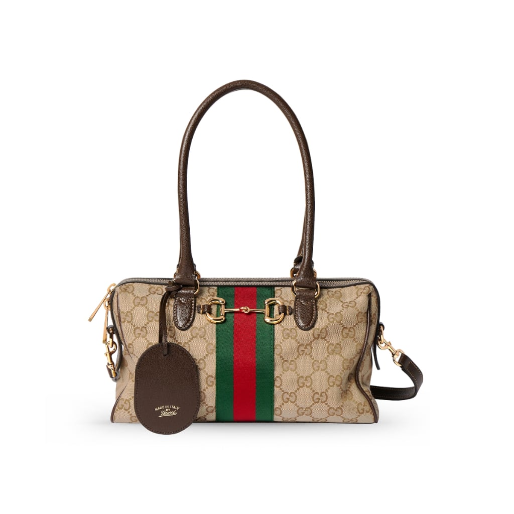 Borsetto Medium Boston Bag GG Canvas Sand and Dark Brown