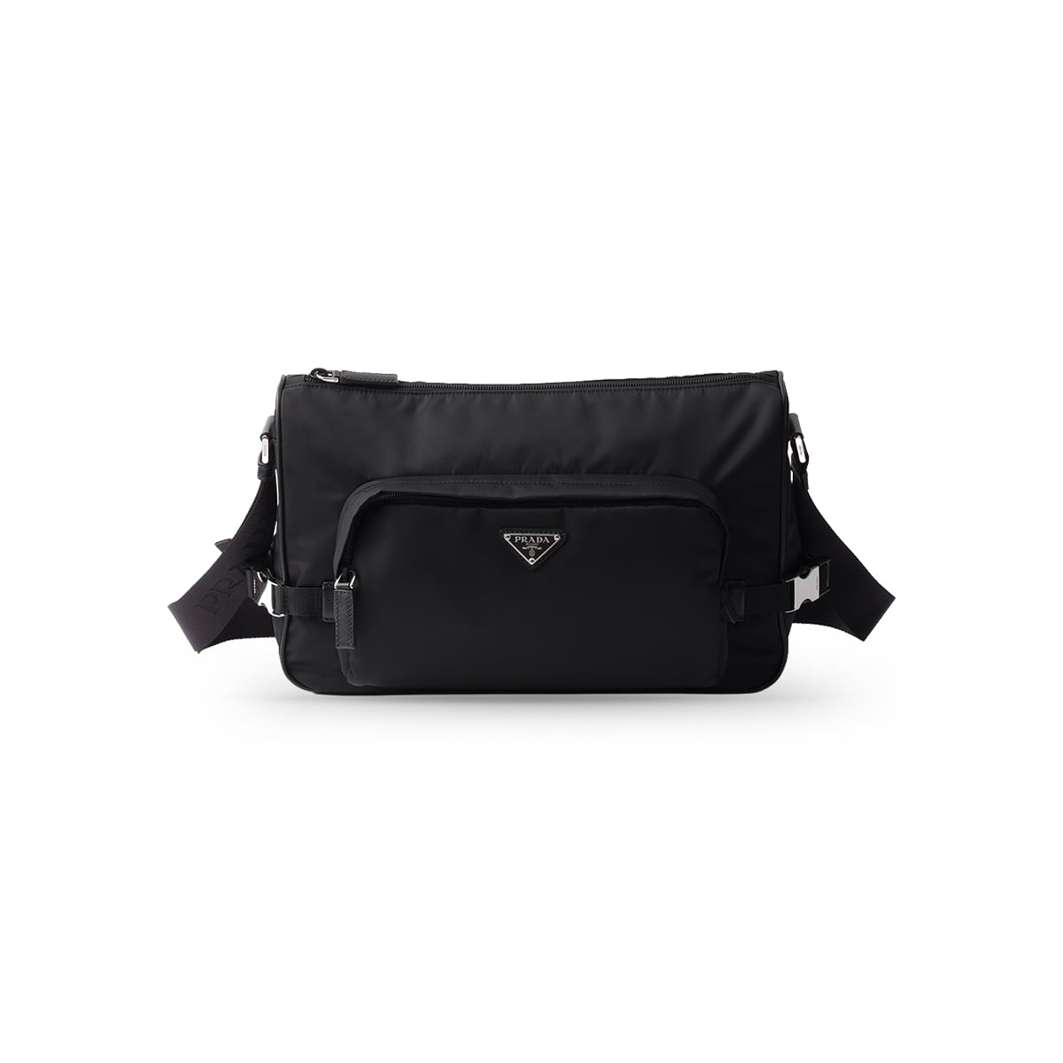 Large Re-Nylon and Saffiano Triangle Logo Leather Shoulder Bag Black