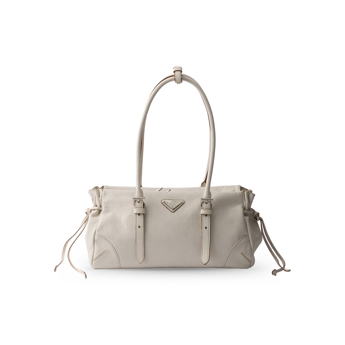 Bonnie Medium Antiqued Leather Tote Bag Chalk White-Prada