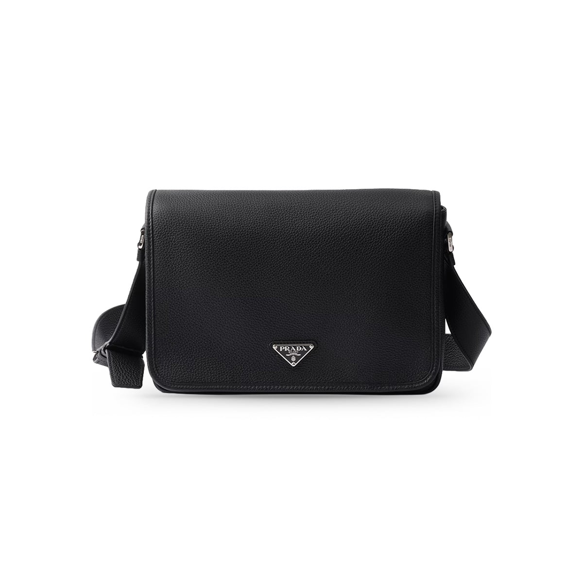 Triangle Logo Zip Flap Shoulder Bag Leather Black-Prada