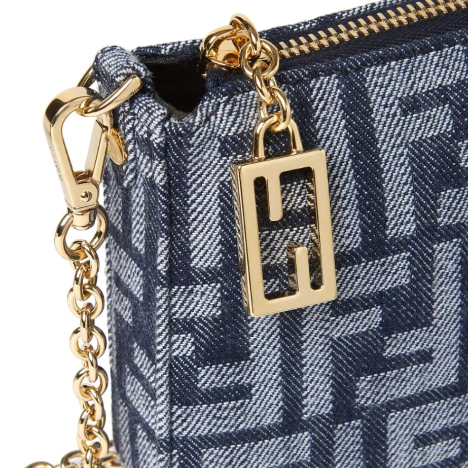 Baguette Pouch FF Jacquard with Chain Blue Denim GHW