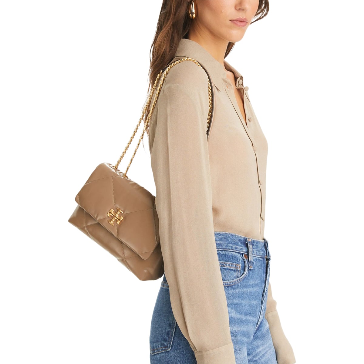 Small Kira Diamond Quilt Shoulder Bag Taupe Oak GHW