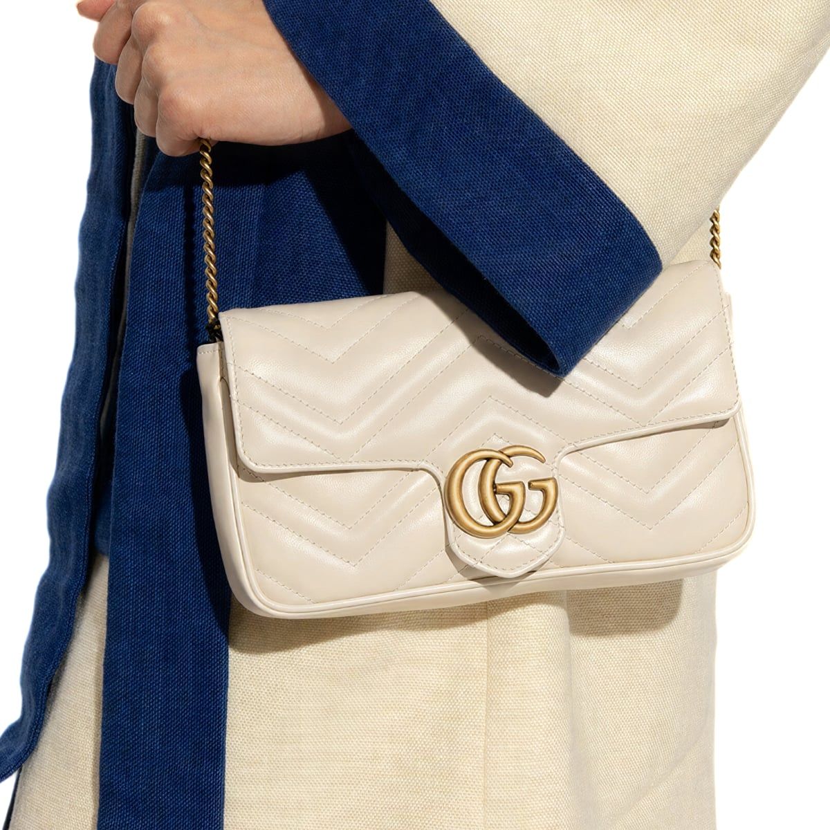 GG Marmont Mini Shoulder Bag Chevron Ivory GHW