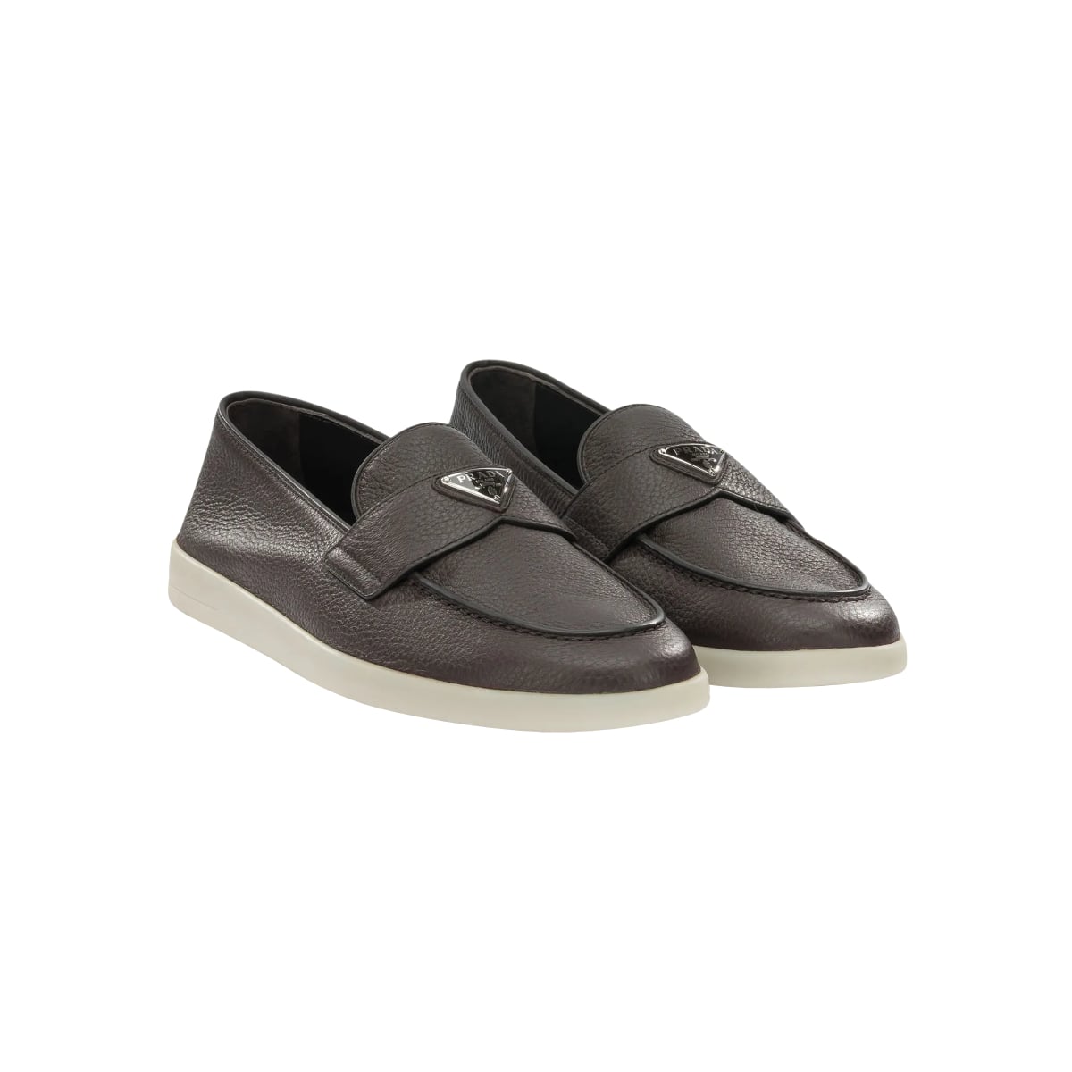 Enamel Triangle Logo Grained Texture Loafers Brown