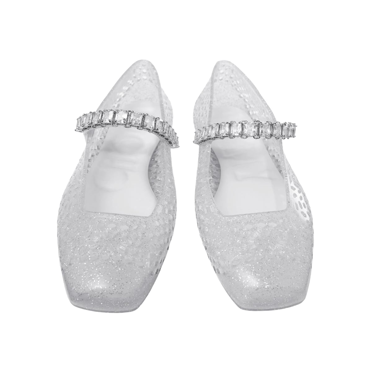 Clear Jelly Ballerina Flats with Crystal Embellishment Silver