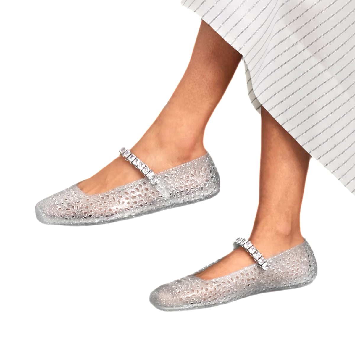 Clear Jelly Ballerina Flats with Crystal Embellishment Silver