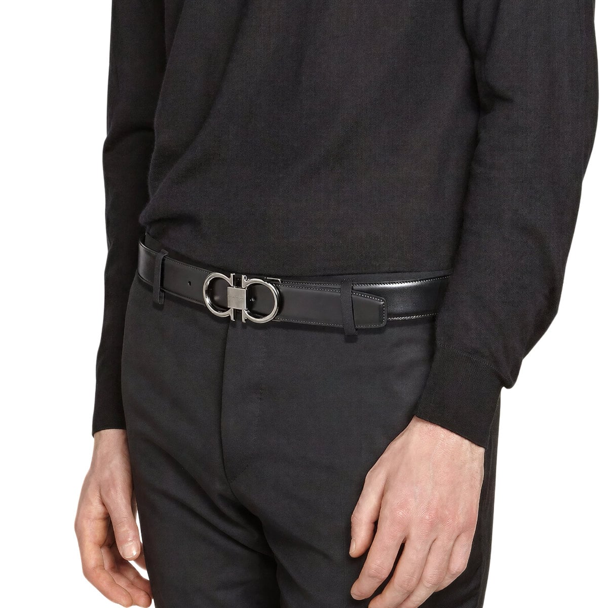 Gancini Reversible and Adjustable Belt 35 mm Calfskin Leather Black / Hickory RHW