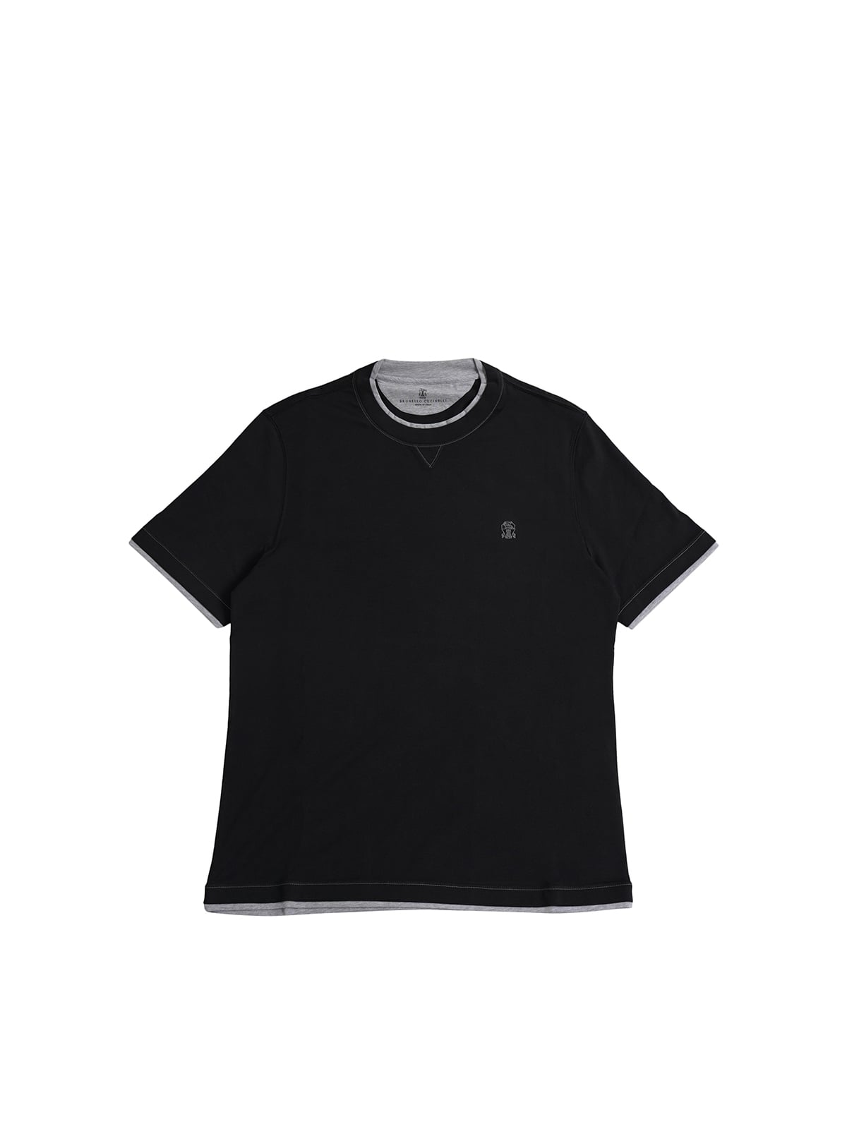 Cotton Jersey Crew Neck T-shirt Logo and Faux-Layering Black-Brunello Cucinelli