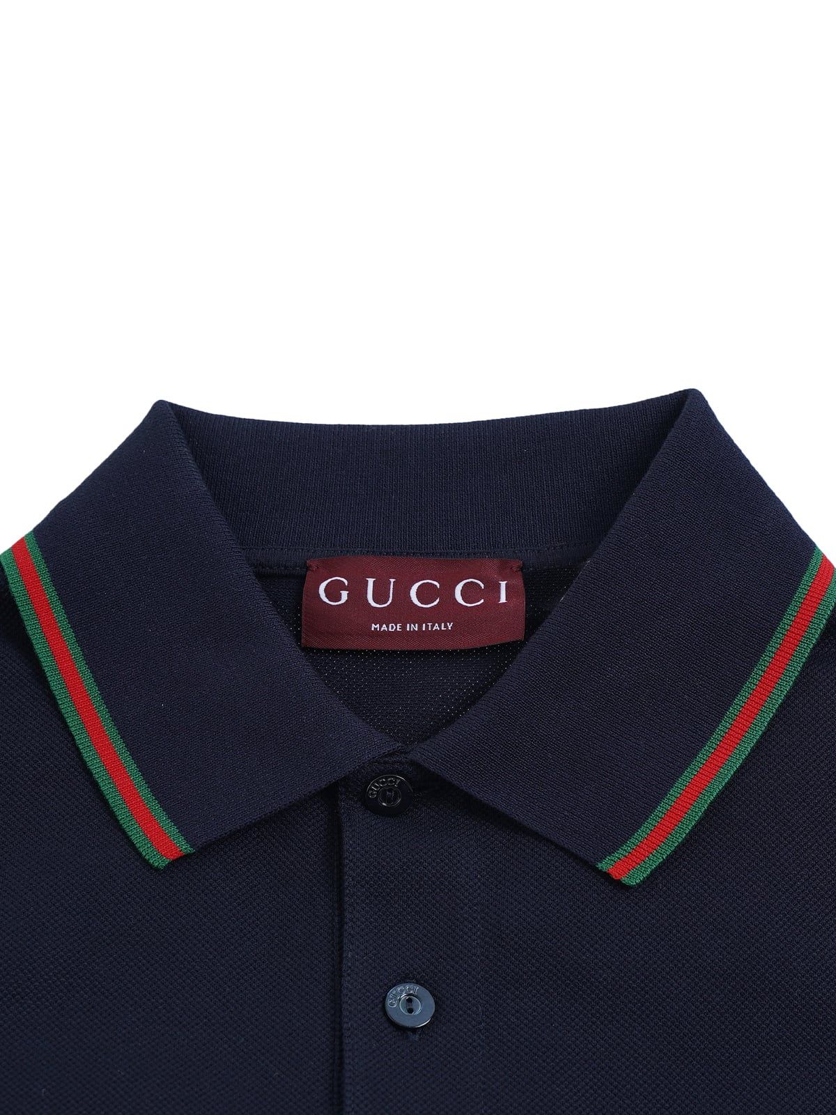Embroidered Web Trim Stretch Cotton Polo Shirt Dark Blue