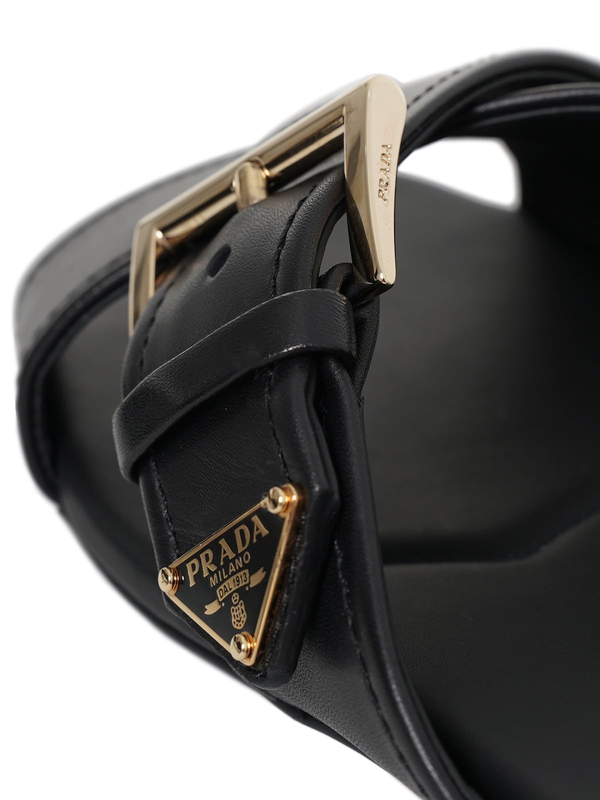 Crisscross Slides with Triangle Logo Buckle Leather Black