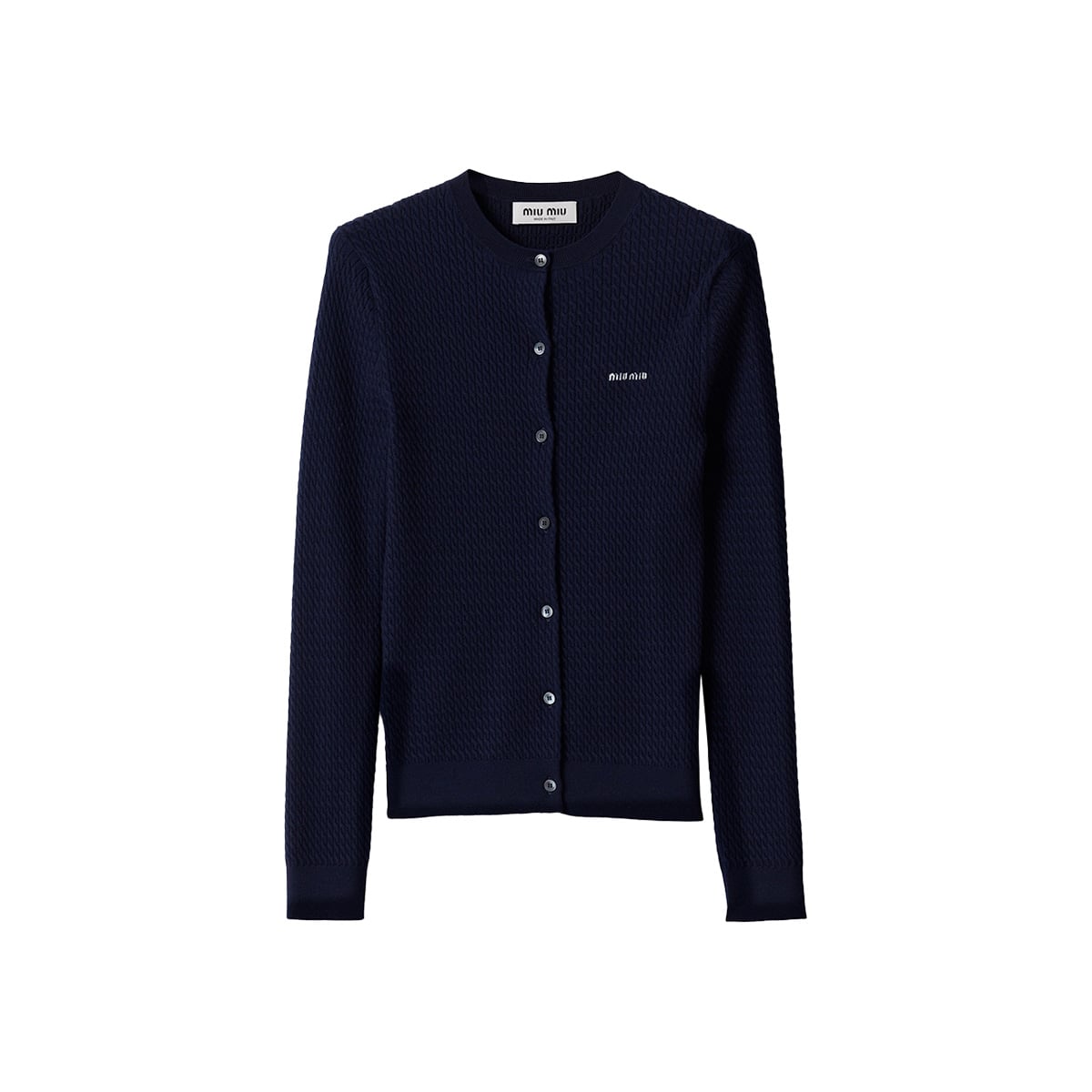 Cable-knit Cashmere and Silk Cardigan Navy-Miu Miu