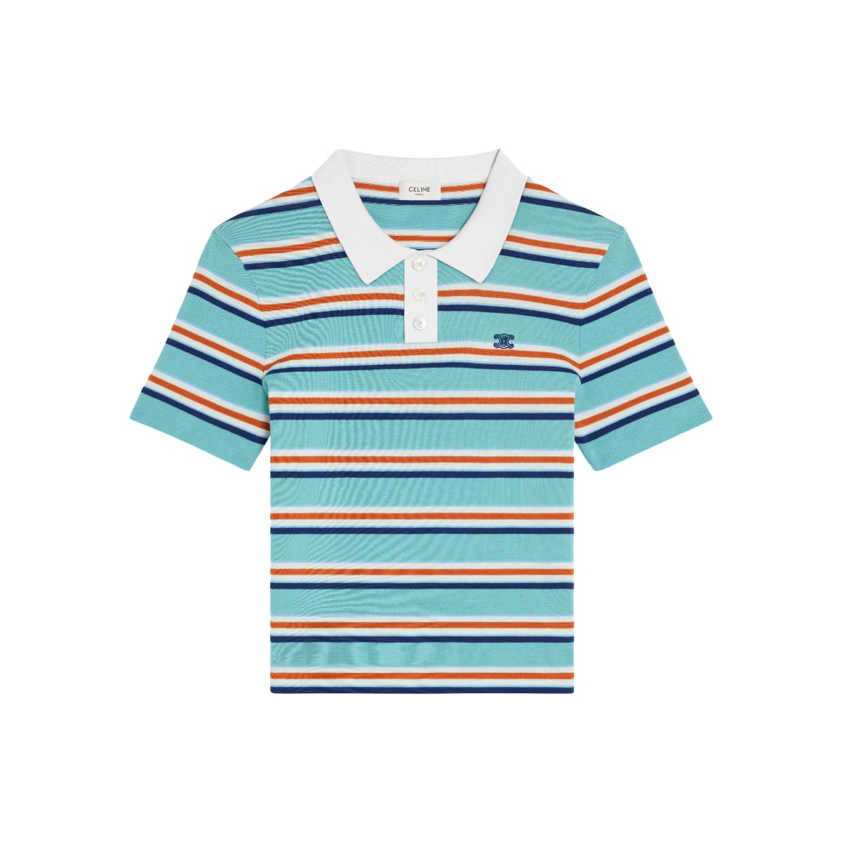 Polo Sweater Striped Cotton Sky Blue/ Cream-Celine