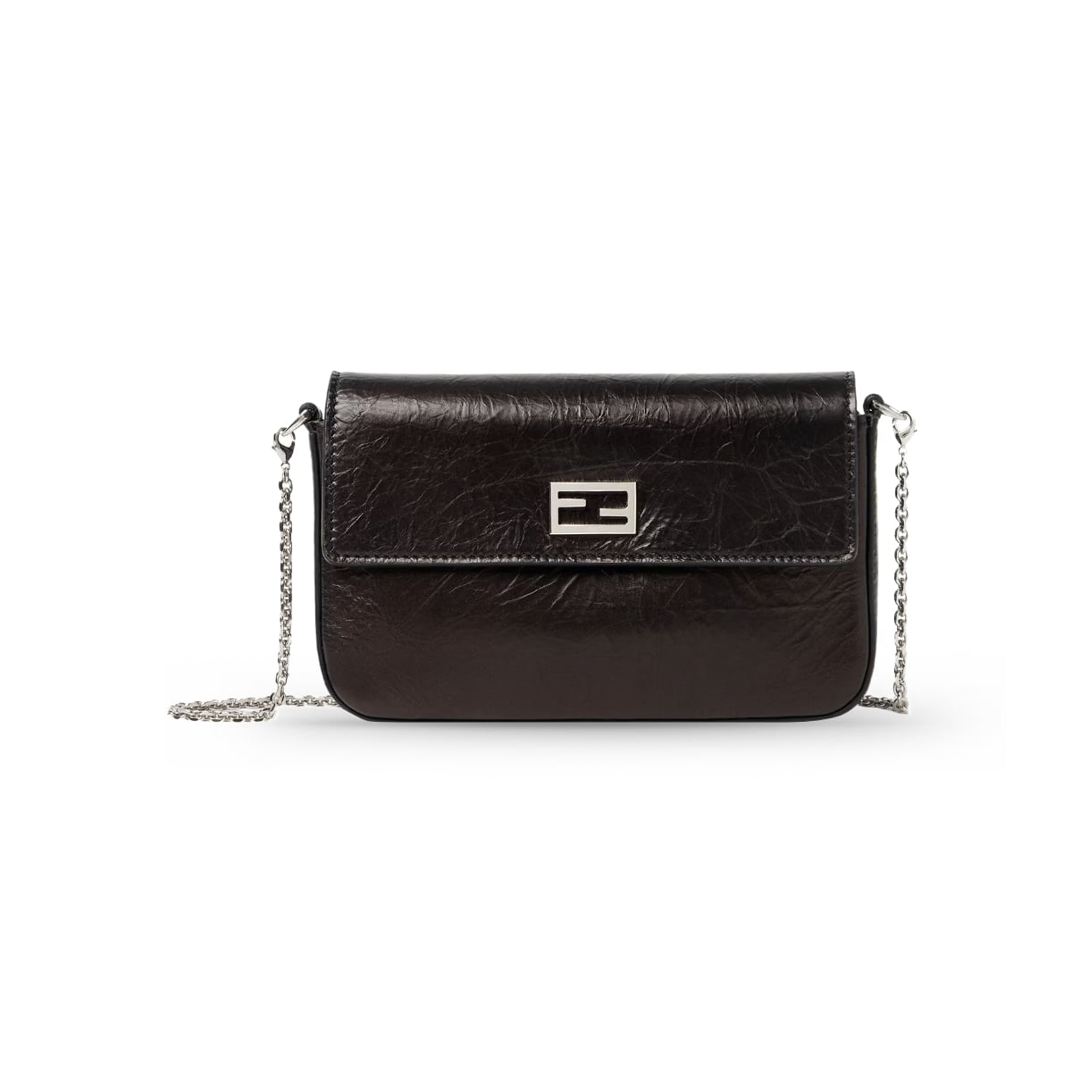 Tube Wallet on Chain Crackled Leather Black PHW-Fendi