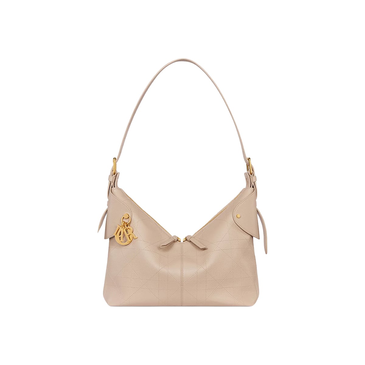Medium D Voyage Flat Macrocannage Grained Calfskin Bag Powder Beige GHW-Christian Dior