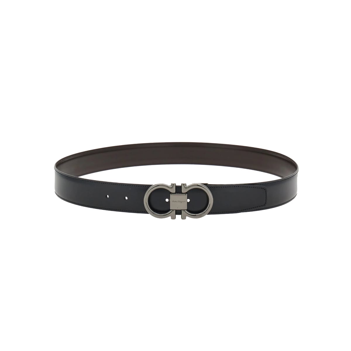Gancini Reversible and Adjustable Belt 35 mm Calfskin Leather Black / Hickory RHW-Ferragamo
