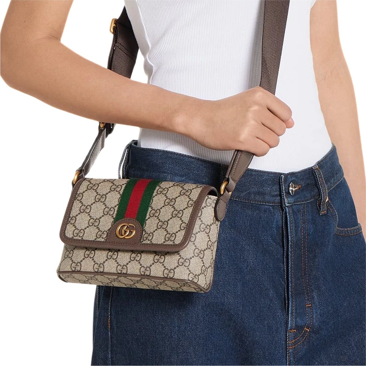 Ophidia Mini Messenger Crossbody Bag Fabric Beige/Dark Brown GHW