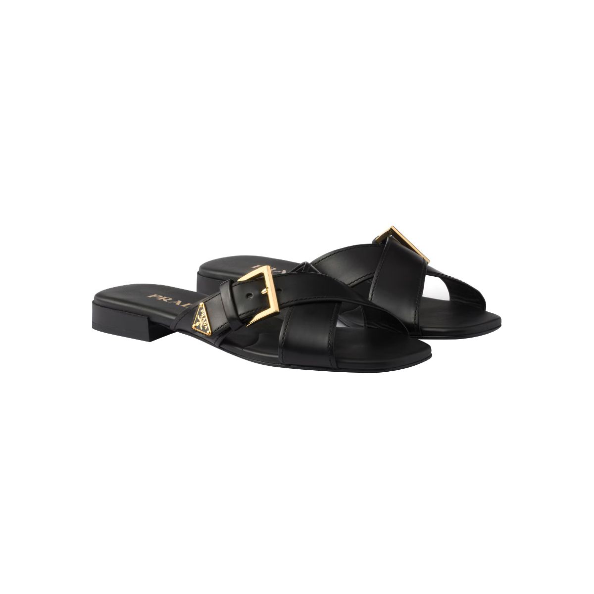 Crisscross Slides with Triangle Logo Buckle Leather Black