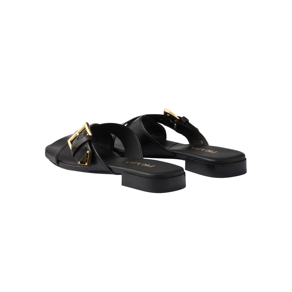 Crisscross Slides with Triangle Logo Buckle Leather Black