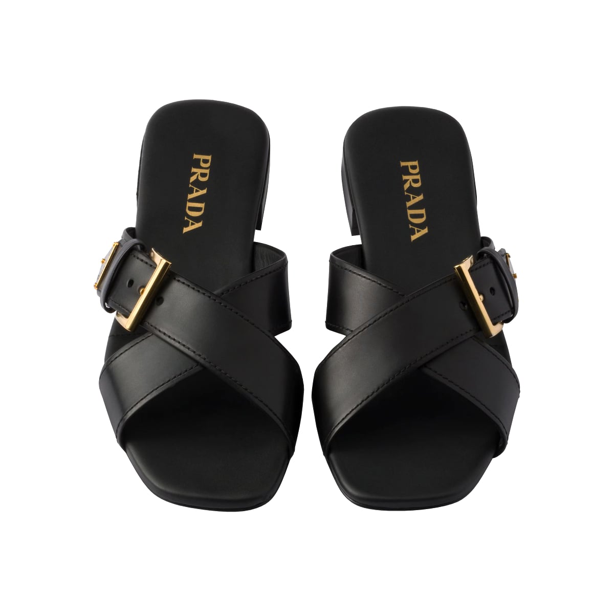 Crisscross Slides with Triangle Logo Buckle Leather Black
