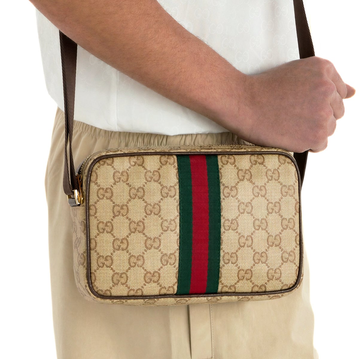 GG Mini Web Canvas Bag Sand/ Dark Brown