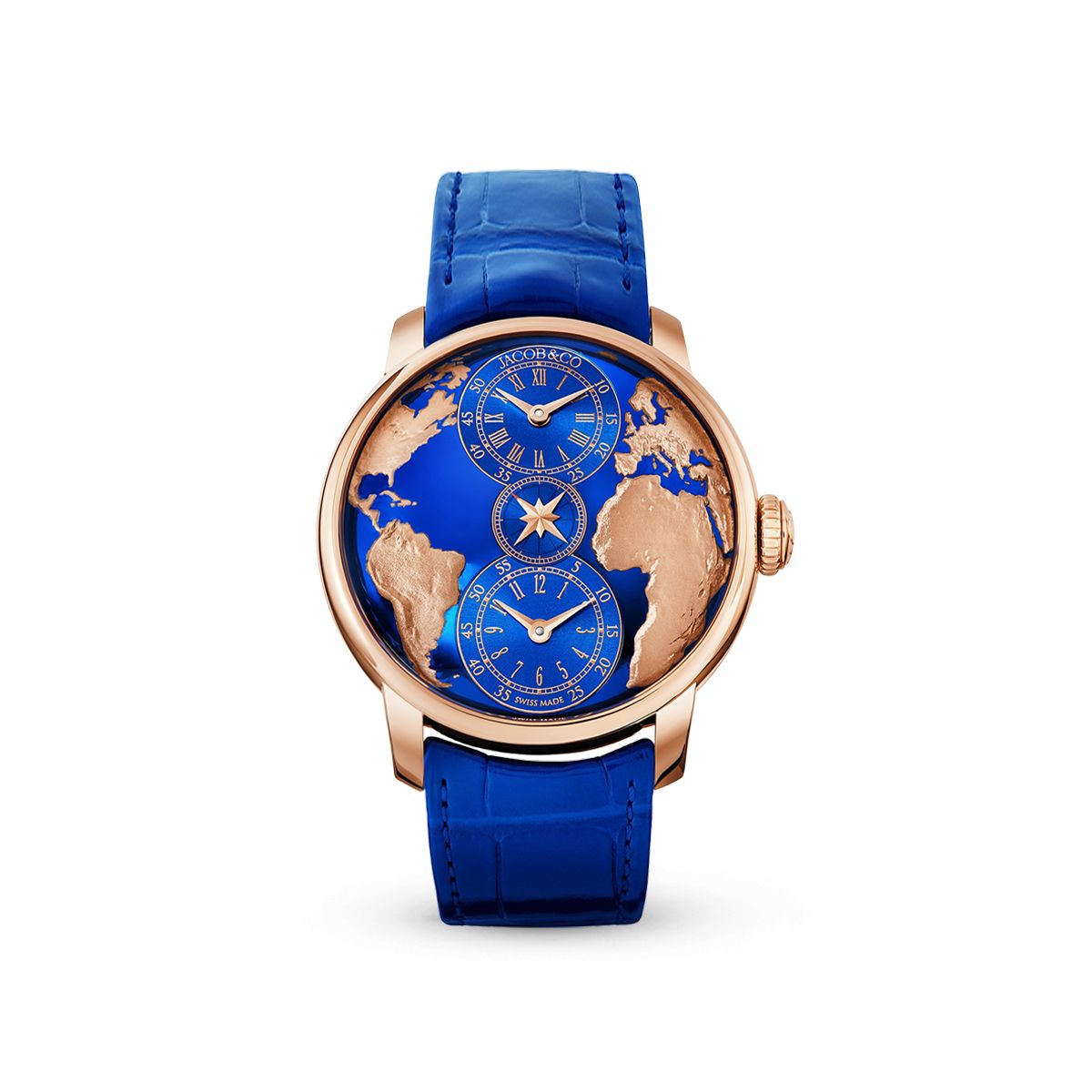 The World Is Yours Dual Time Zone DT100.40.AA.AE.A Rose Gold, Blue Leather Strap-Jacob & Co.