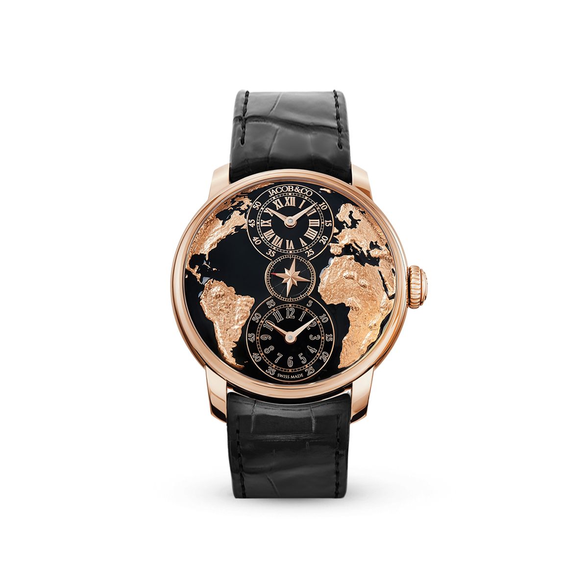 The World Is Yours Dual Time Zone DT100.40.AA.AB.A Rose Gold, Black Leather Strap-Jacob & Co.