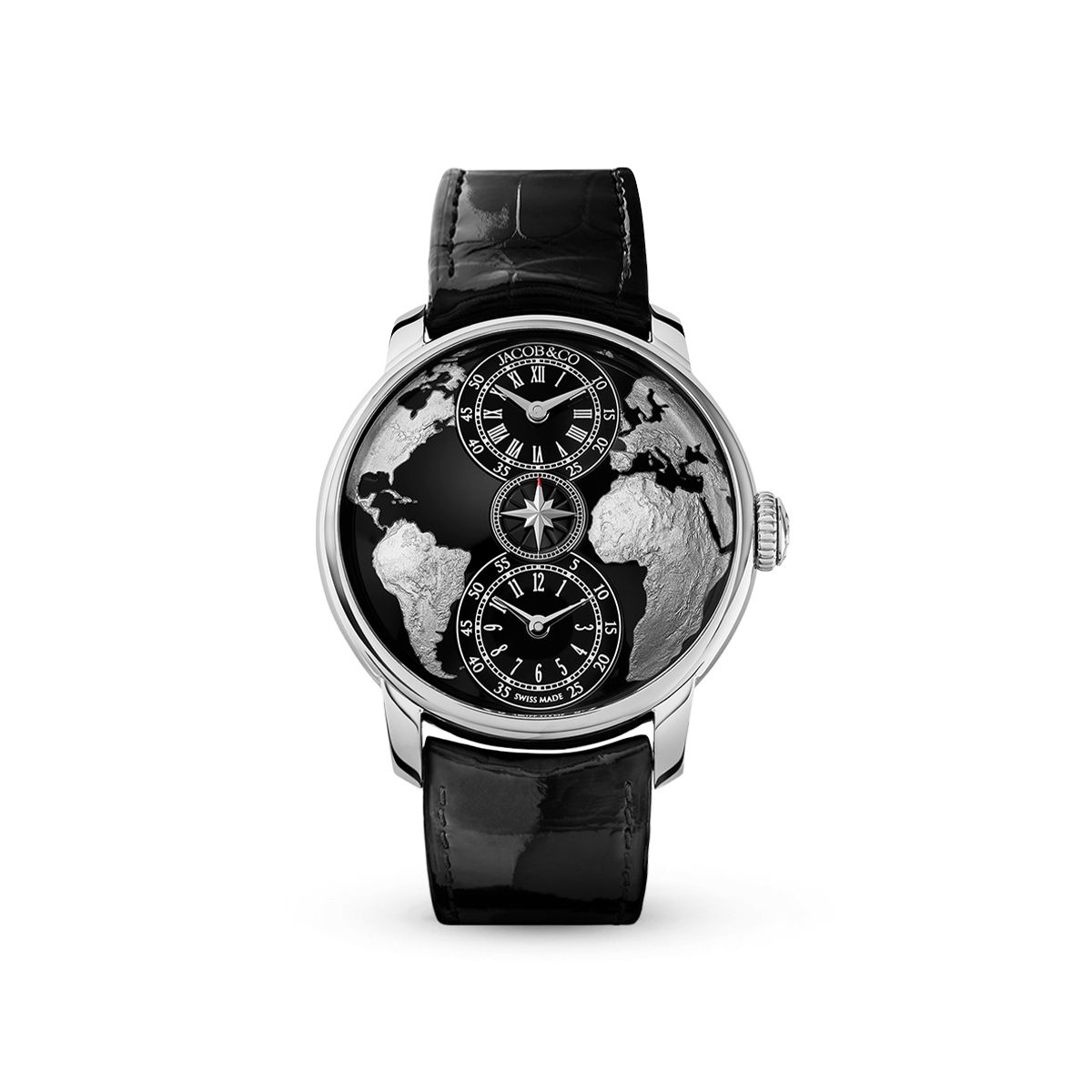 The World Is Yours Dual Time Zone DT100.10.AA.AB.A Stainless Steel, Black Leather Strap-Jacob & Co.