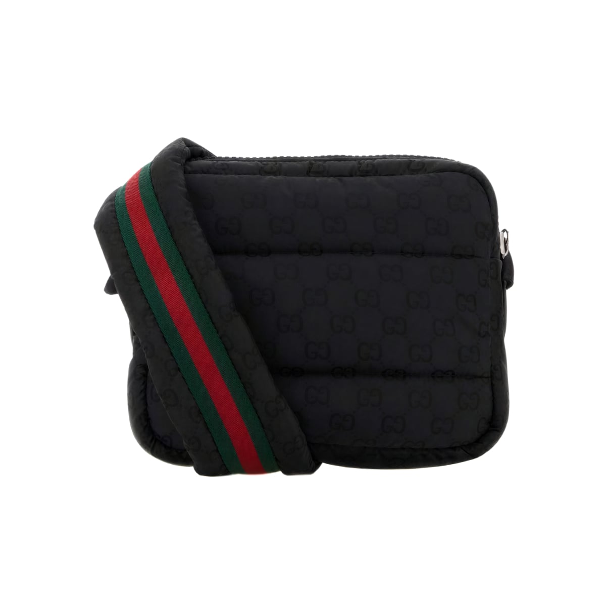 GG Motif Quilted Nylon Crossbody Bag with Logo Strap Black