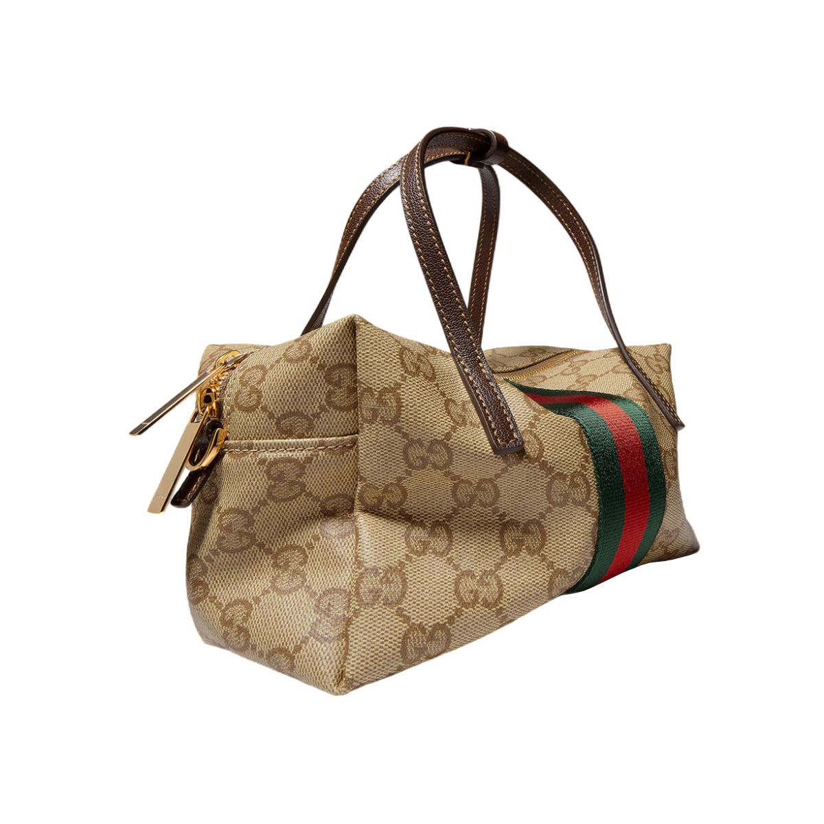 GG Mini Boston Bag with Web Canvas Sand/Dark Brown
