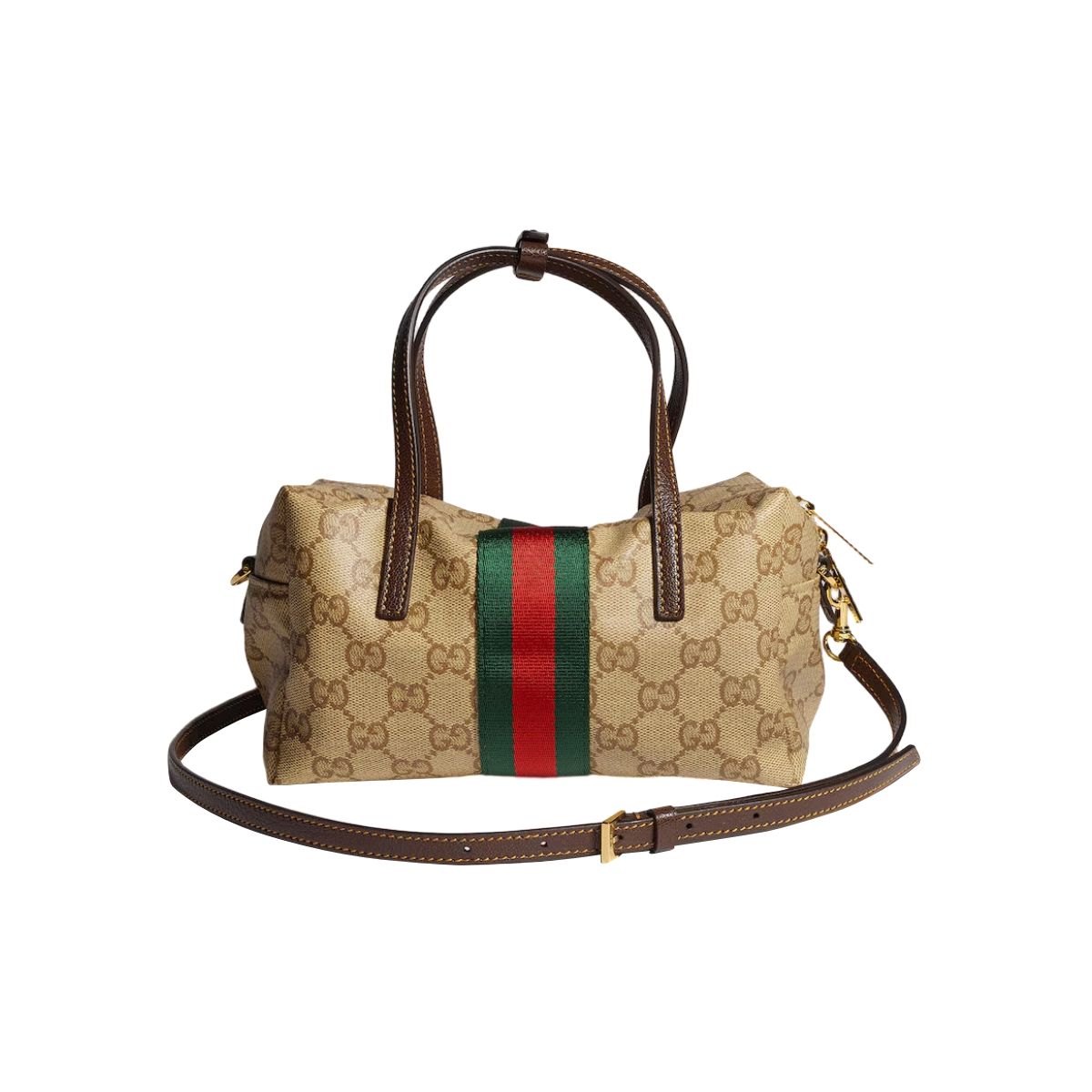 GG Mini Boston Bag with Web Canvas Sand/Dark Brown