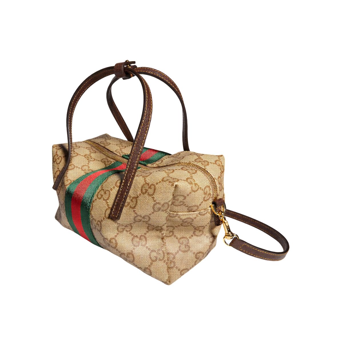 GG Mini Boston Bag with Web Canvas Sand/Dark Brown