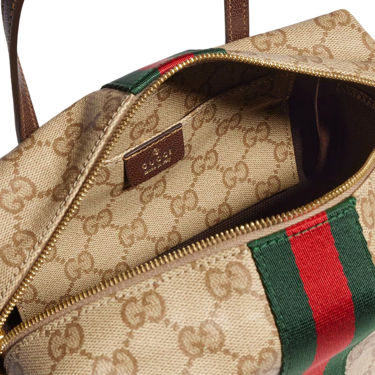 GG Mini Boston Bag with Web Canvas Sand/Dark Brown