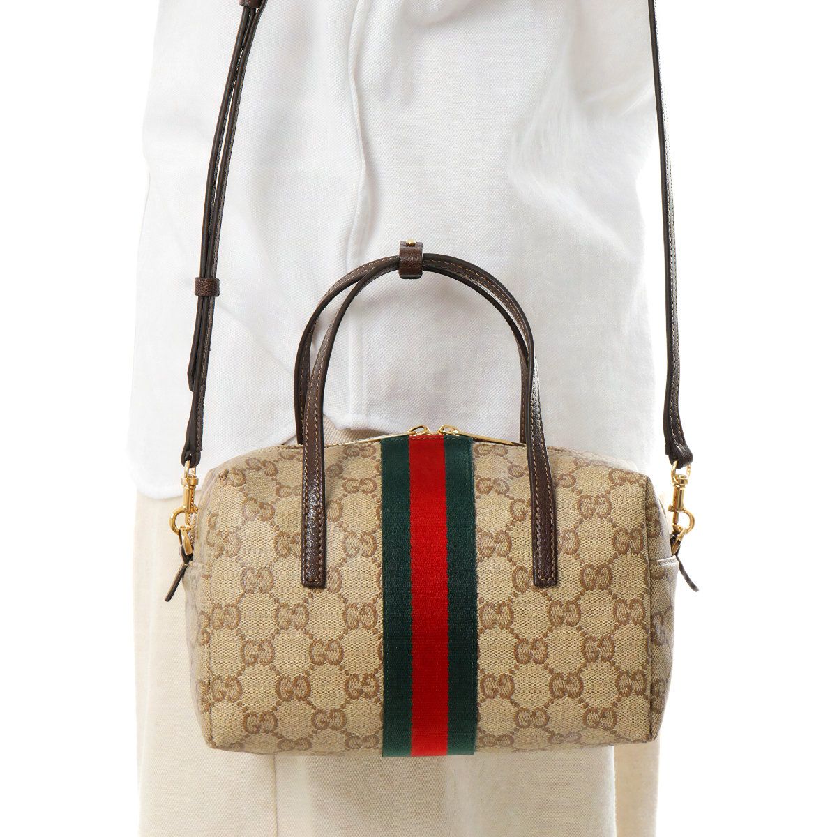 GG Mini Boston Bag with Web Canvas Sand/Dark Brown
