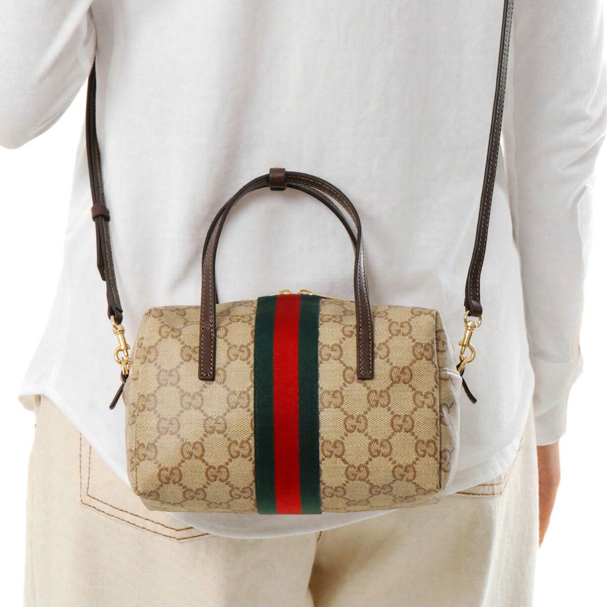 GG Mini Boston Bag with Web Canvas Sand/Dark Brown