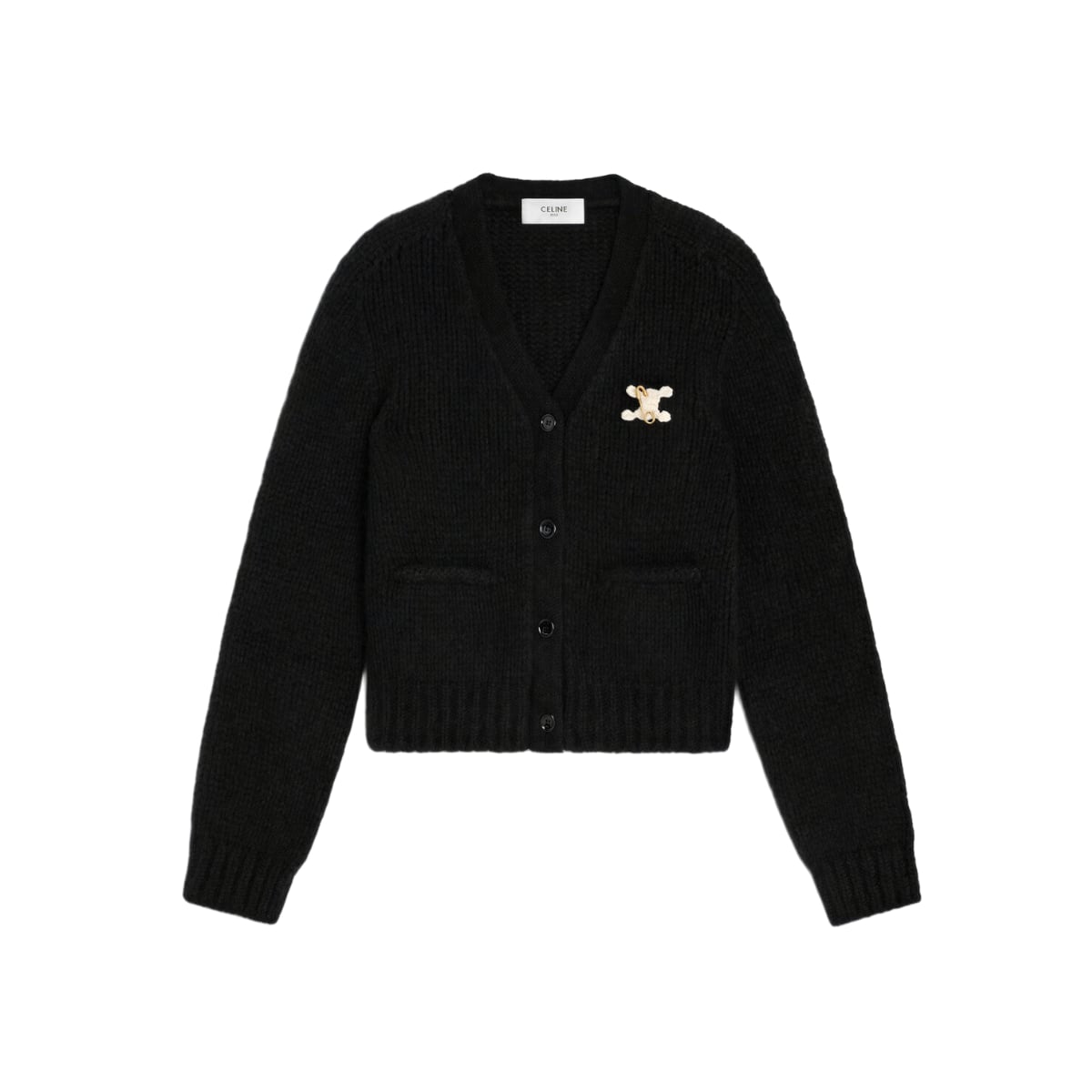 V Neck Cardigan Cashmere Silk with Crocheted Triomphe Pin Black-Celine